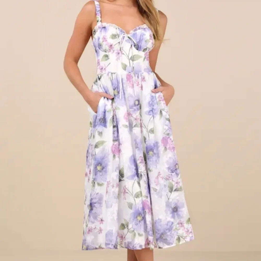 💜LULUS Hillela Ivory Floral Ruffled Lace-Up Midi Skater Dress💜SZ L- NWT - Picture 5 of 16